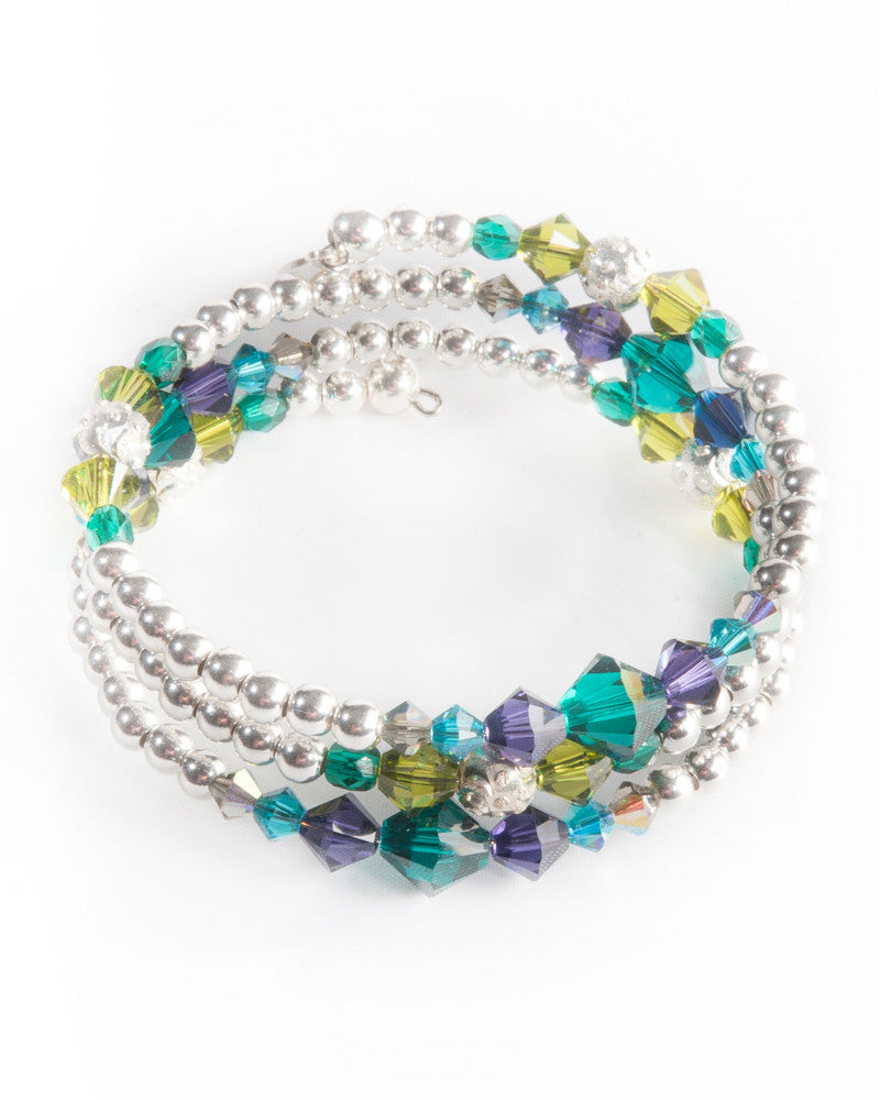 KO LANTA Multi strand bracelet with Swarovski crystals, 925 sterling silver balls & silver tone metal beads