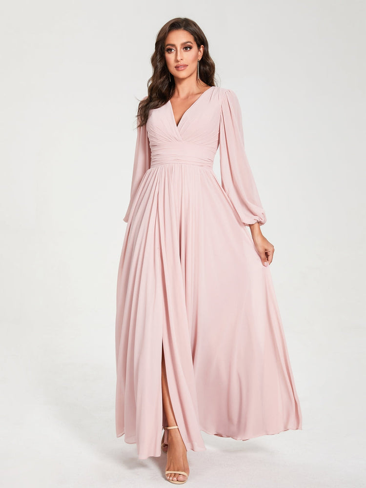 A-Line/Princess Chiffon V-Neck Long Sleeves Split Side Floor-Length Wi ...