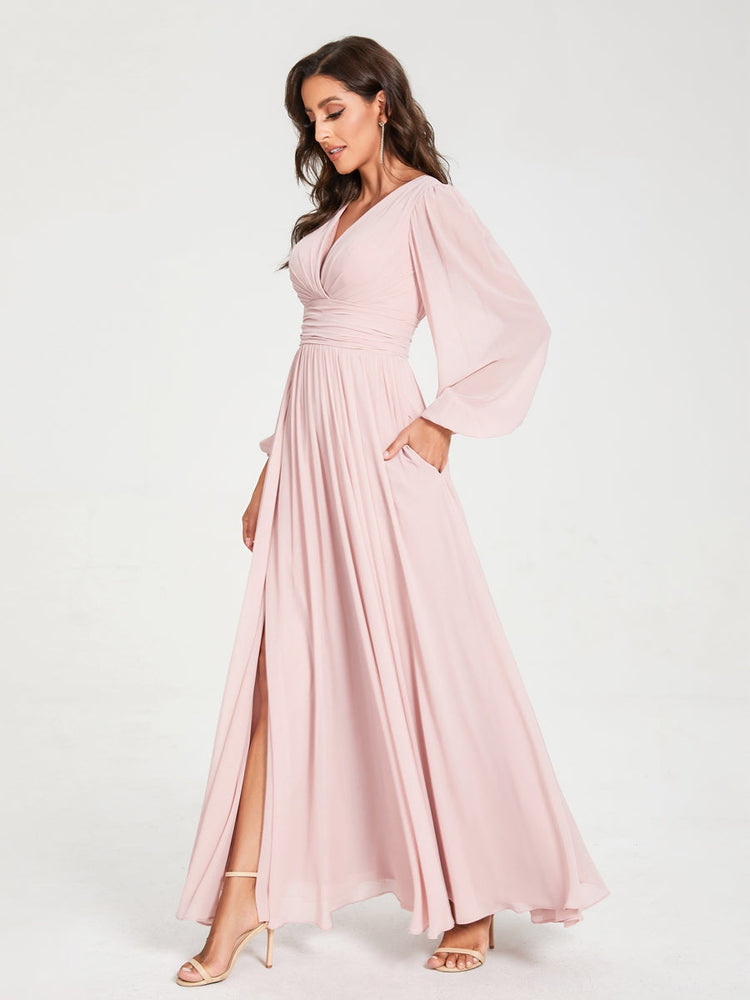 A-Line/Princess Chiffon V-Neck Long Sleeves Split Side Floor-Length Wi ...