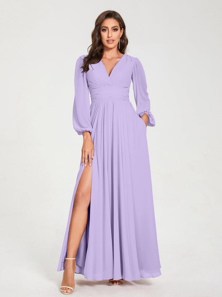 A-Line/Princess Chiffon V-Neck Long Sleeves Split Side Floor-Length Wi ...