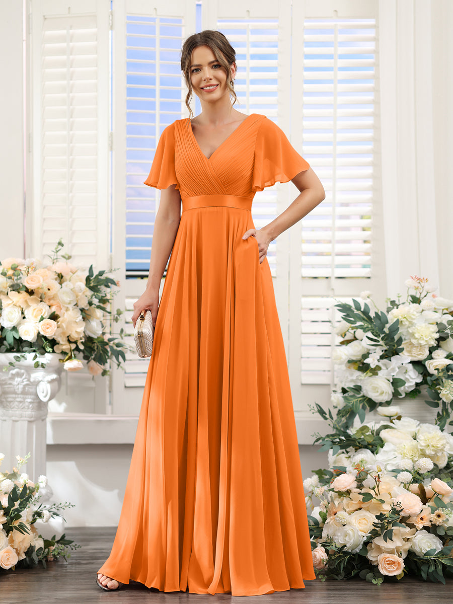 A Line V Neck Short Sleeves Chiffon Bridesmaid Dresses With Pockets Lavetir 1747