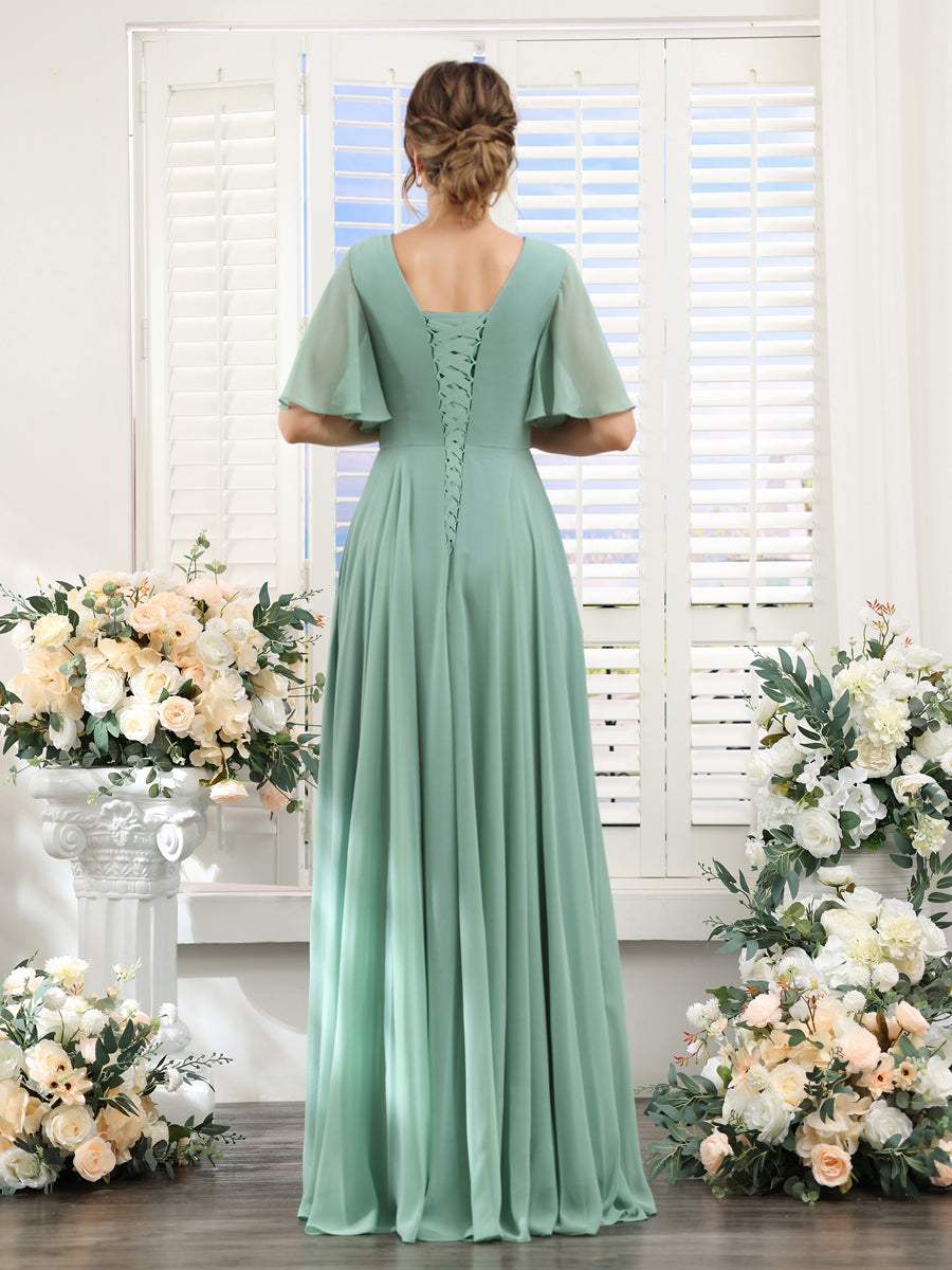 A Line V Neck Half Sleeves Split Side Chiffon Bridesmaid Dresses With Lavetir 9148