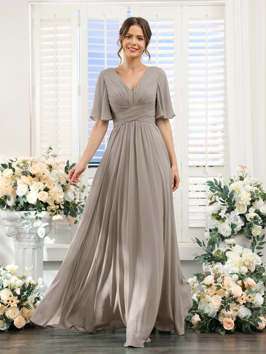 A Line V Neck Half Sleeves Split Side Chiffon Bridesmaid Dresses With Lavetir 3871