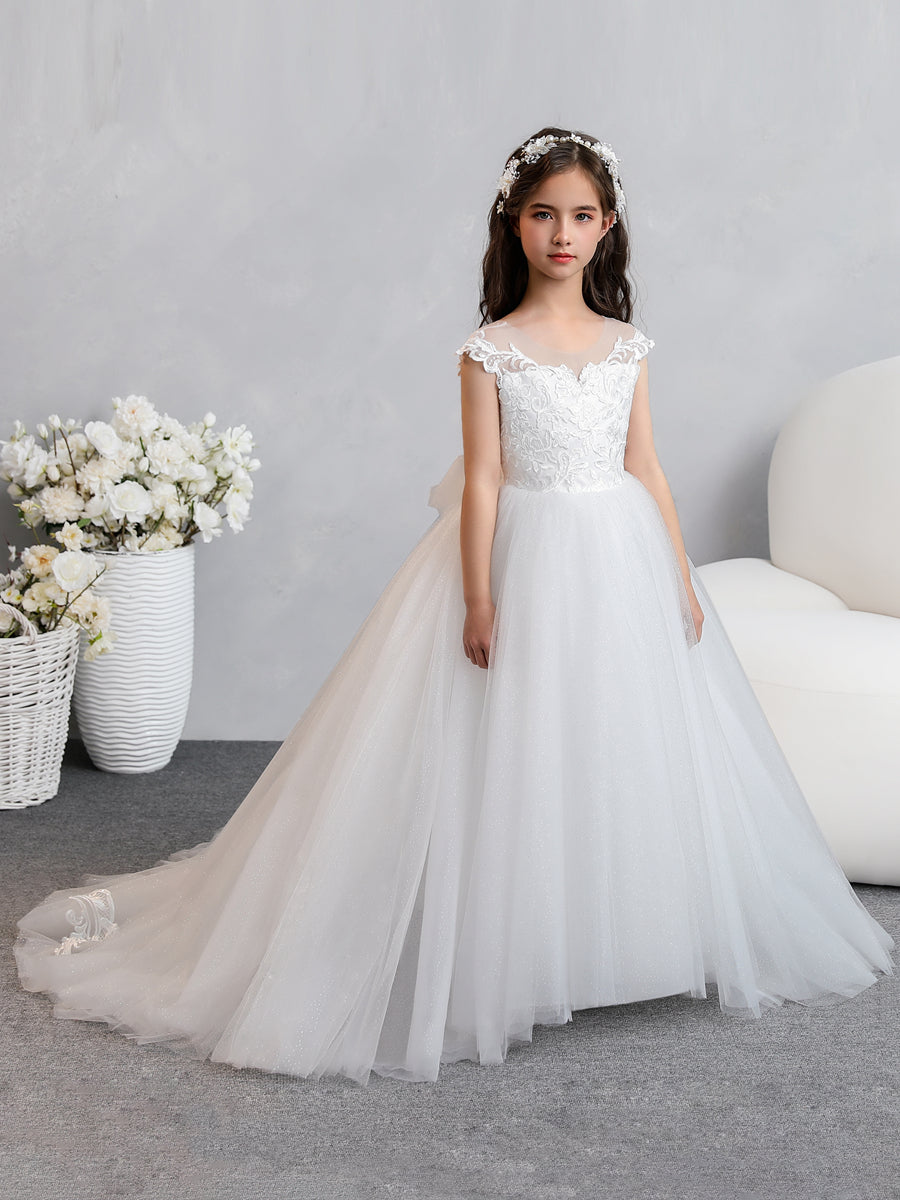 Crew Neck Tulle Flower Girl Dresses with Applique & Bowknot-Lavetir