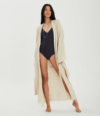 Model wearing Patara Life's Pinara Linen Beach Kimono