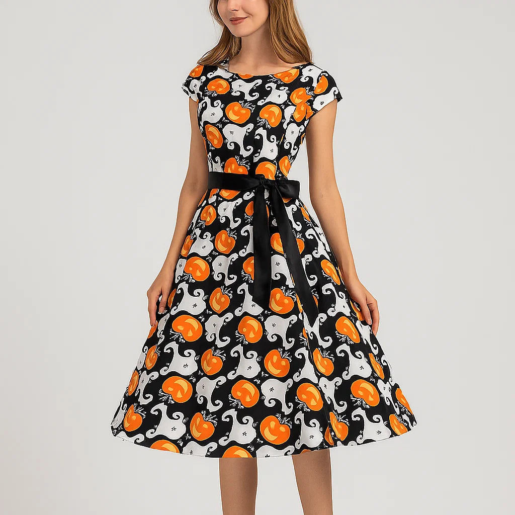 Halloween Fit-and-Flare Kleid mit Kürbis- und Geisterdruck