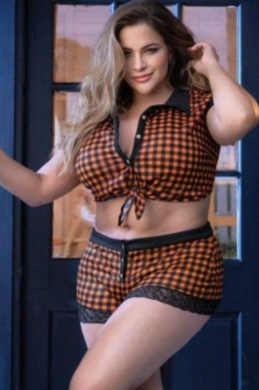 Sexy Plaid Print High Cut Sides Romper Sleep Lounge Lingerie