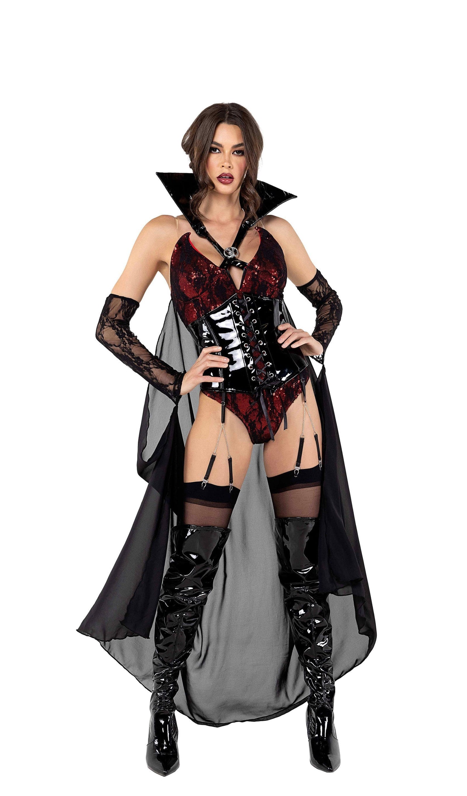 Vampire Costume Womens Black Red Collared Vinyl Bodysuit Harness Belt Skirt  Drapes Undead Lusty Sexy Seductive Cosplay Halloween 2-PC 5073 -  Canada