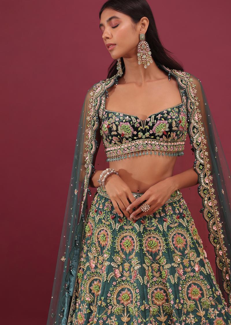 Sheen Green Satin Palazzo & Top With Elaborated Sleeves And Embroidered Belt