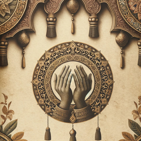 Gevouwen handen in smeekbede omringd door islamitische kunst met Koran verzen, symbolisch voor Dua en smeekbeden binnen de islamitische traditie