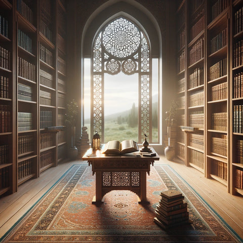 Open Koran op een houten tafel in een rustige bibliotheekkamer, met boekenplanken en een traditioneel islamitisch raam met uitzicht op een vredig landschap, ideaal voor spirituele studie en reflectie