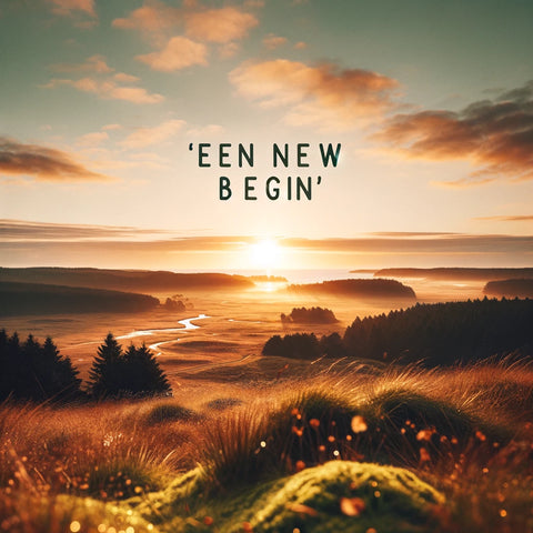 Zonsopgang over een vredige vallei met de tekst 'Een New Begin', symboliseert een frisse start en nieuwe inzichten, zoals beschreven in de Koran.