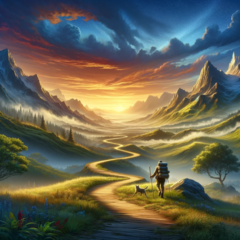 Een wandelaar met een hond begint aan een reis op een kronkelend pad door een adembenemend berglandschap bij zonsopgang, symboliserend het begin van een nieuwe weg in het leren en memoriseren van de Koran.