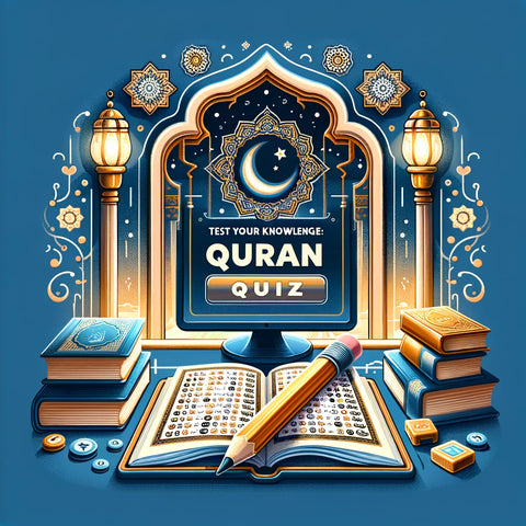Een kleurrijke en boeiende afbeelding voor een 'Koran Quiz', met een potlood op een meerkeuze antwoordblad, omgeven door islamitische decoratieve kunst, weerspiegelend de uitdaging en verlichting van kennis over de Koran.