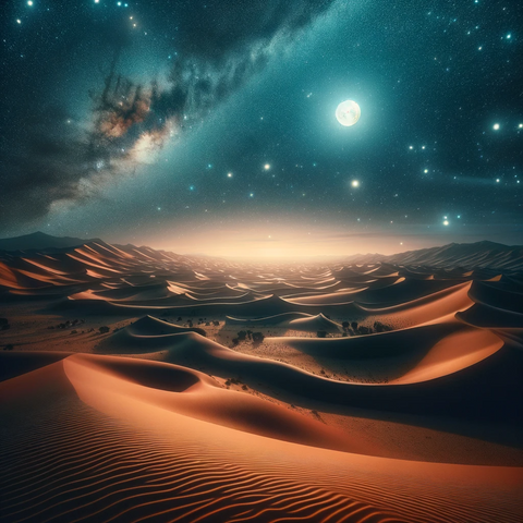 Stille woestijn bij nacht met een adembenemend uitzicht op de sterrenhemel en melkweg, reflecterend de wonderen van de schepping zoals beschreven in de Koran."