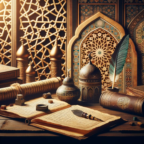 Antieke islamitische studie-elementen met oude rollen, een veerpen en inktkruik op een houten tafel, omringd door traditionele geometrische patronen, symboliserend de rijke geschiedenis van Islamitische geleerdheid, geïnspireerd door Umar ibn Al-Khattab