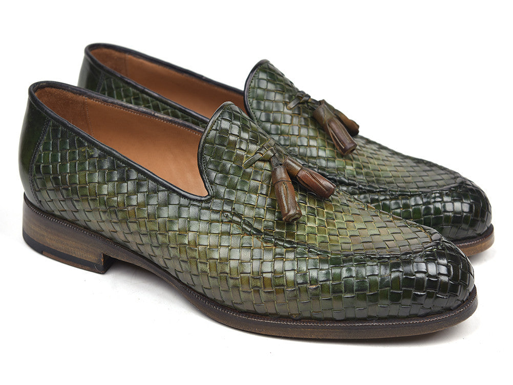 PAUL PARKMAN Woven Leather Tassel Loafers Green - Shoesly