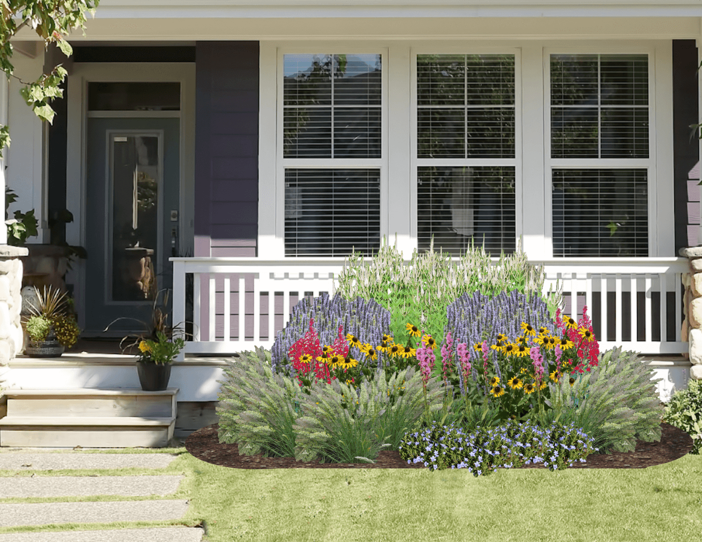 A garden of multicolored native flowers and grasses in front of a purple house