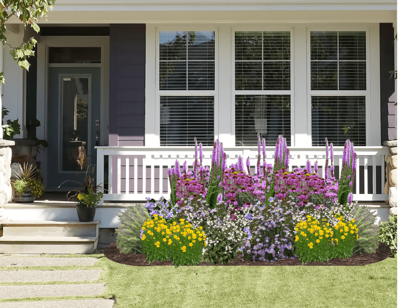 A garden of purple, white and yellow native flowers and grasses in front of a purple house