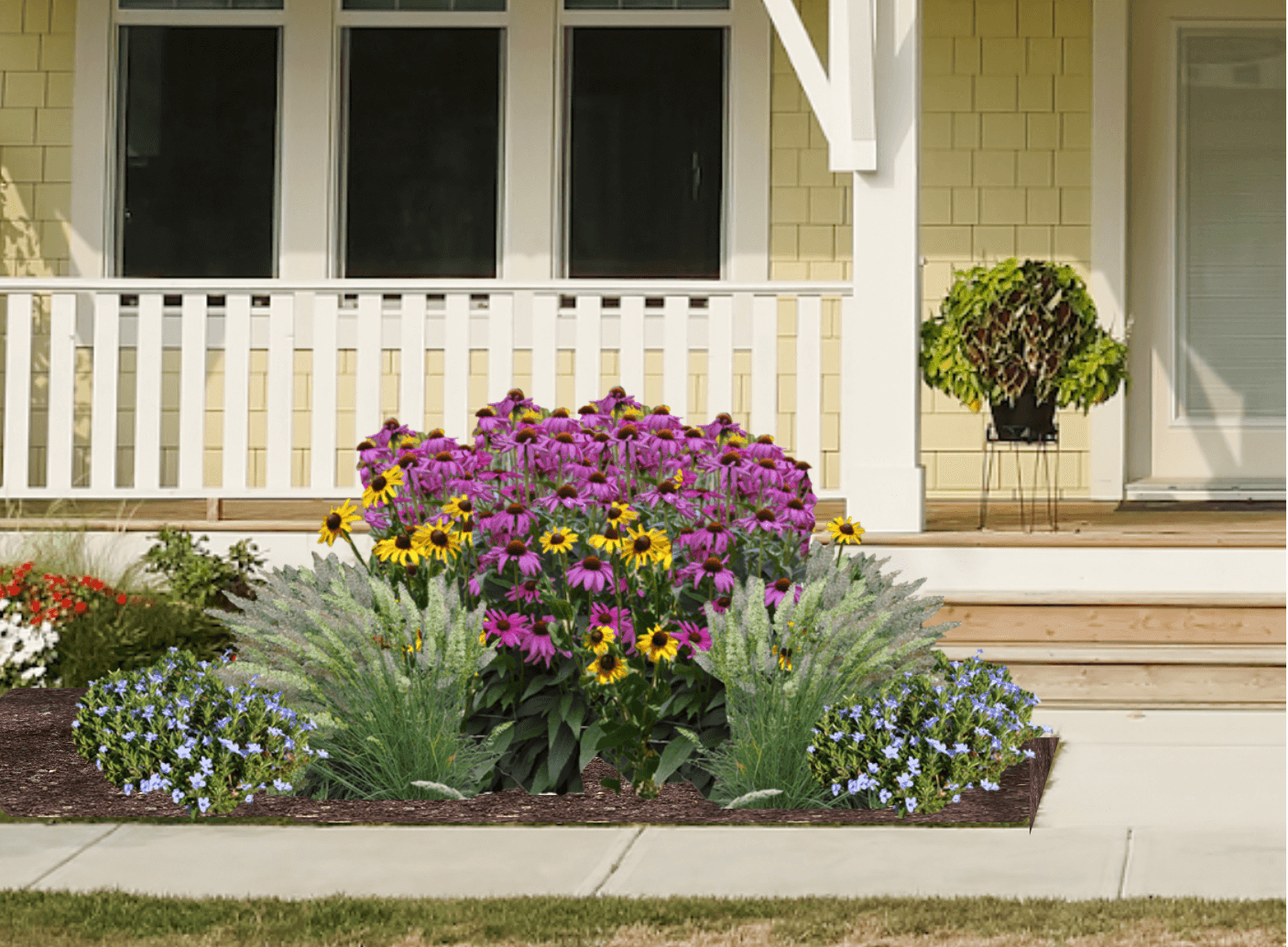 A multicolored garden of native flowers and grasses in front of a yellow house