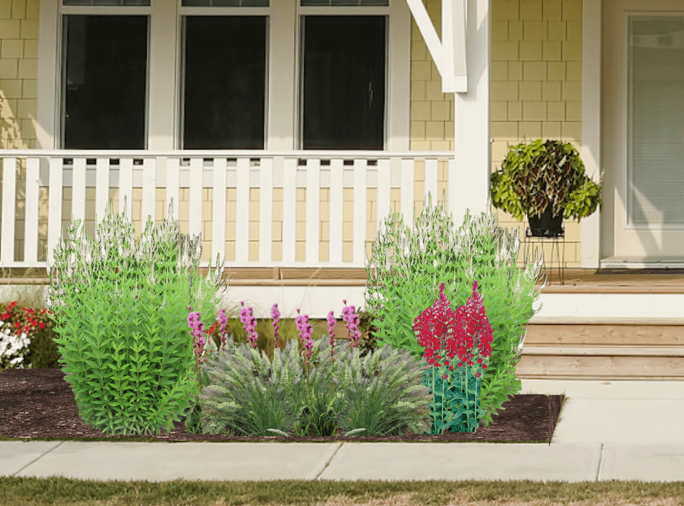 Red and pink native plant garden in front of a yellow house