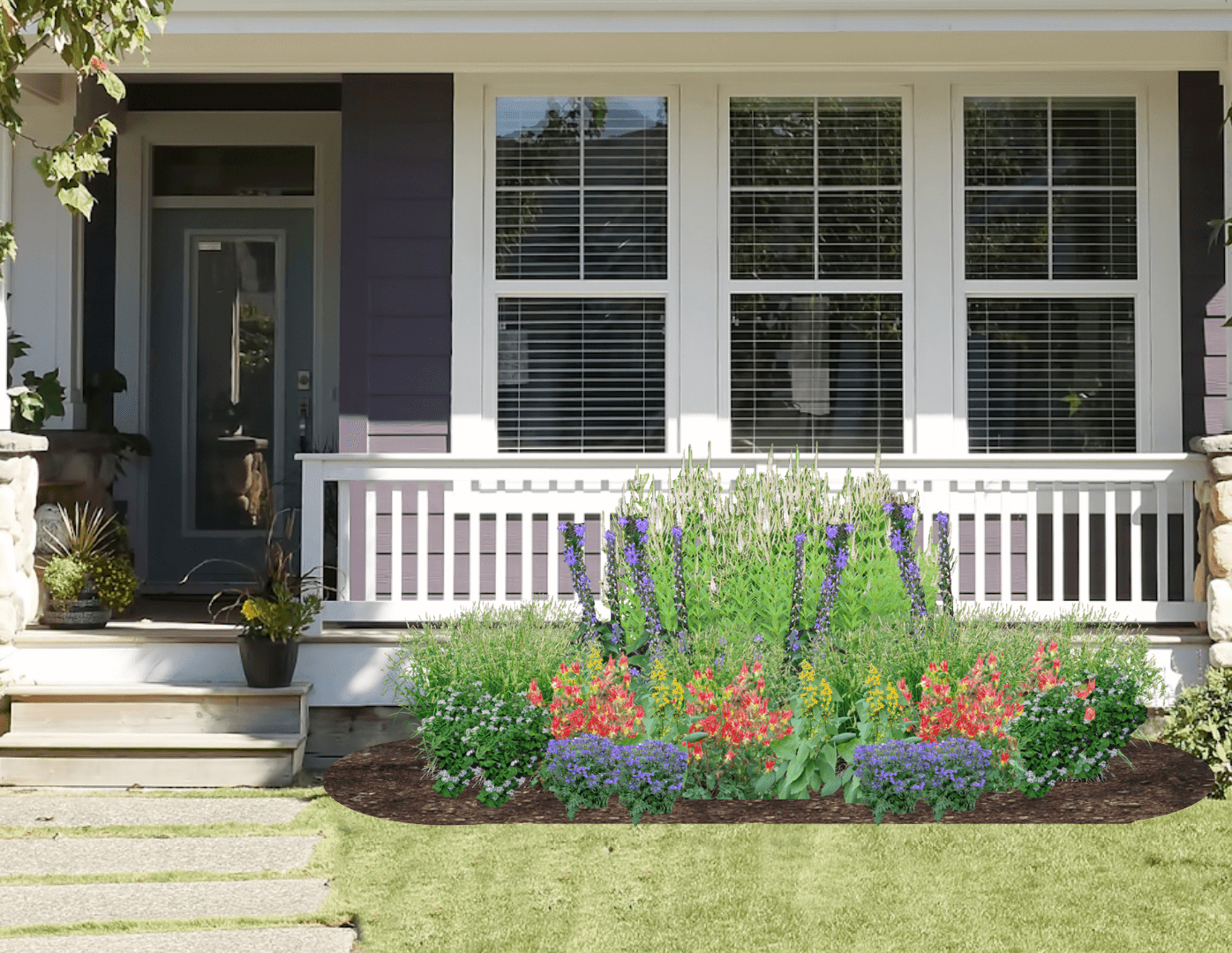 Blue and red native plant garden in front of a gray house