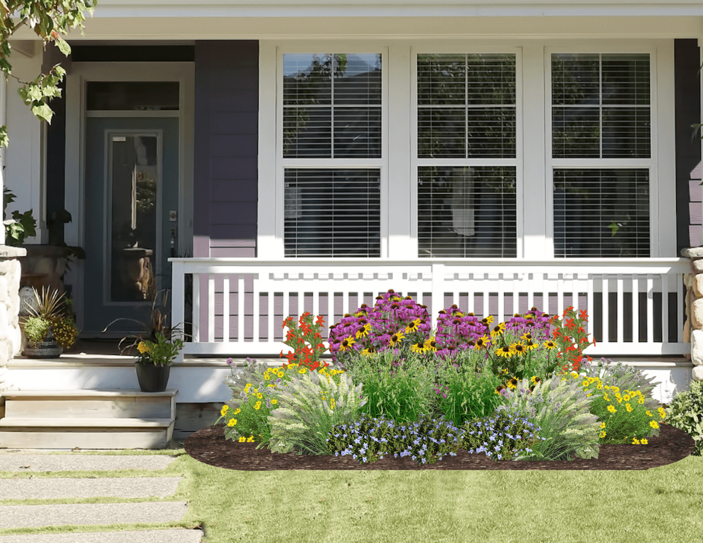 Multicolored native garden in front of gray house