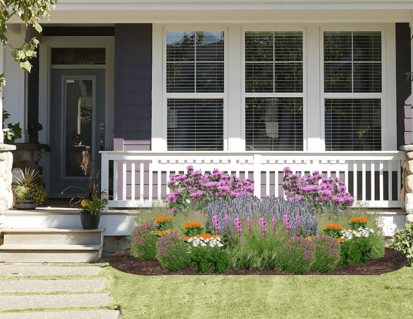 Lavender and orange native plant garden with dimensional scale in front of gray house