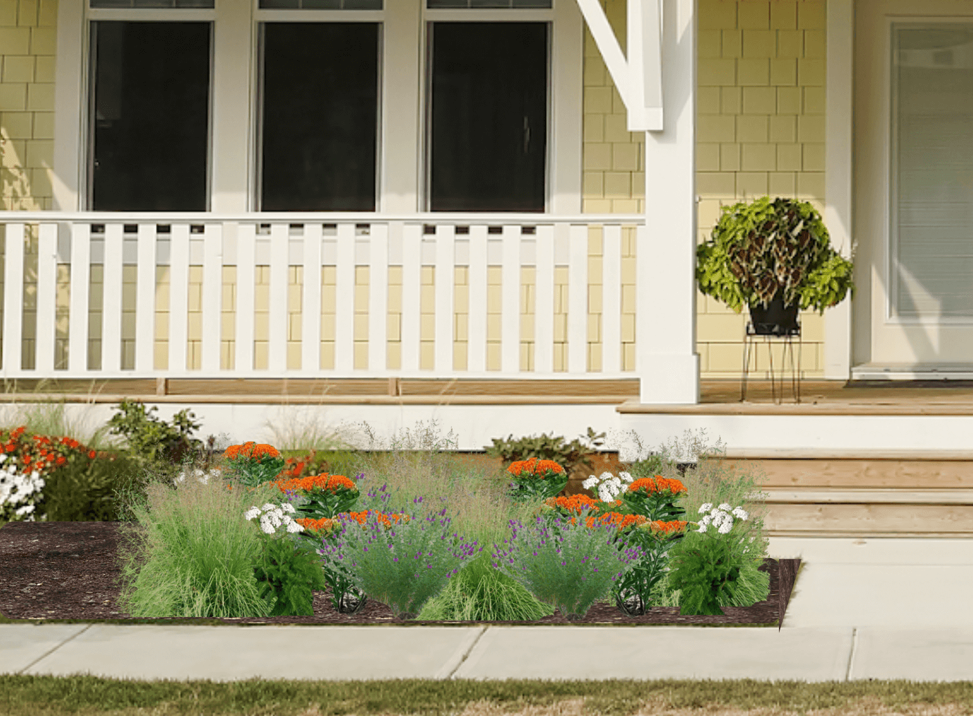 Orange and purple native plant garden in front of yellow house