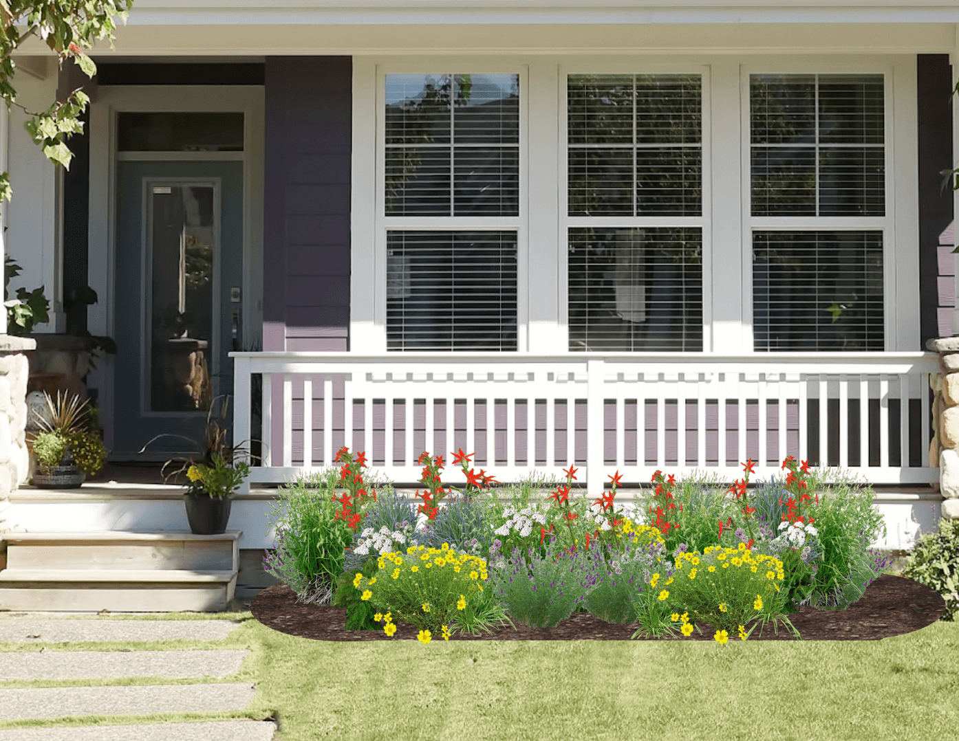 Red and yellow native plant garden in front of a gray house