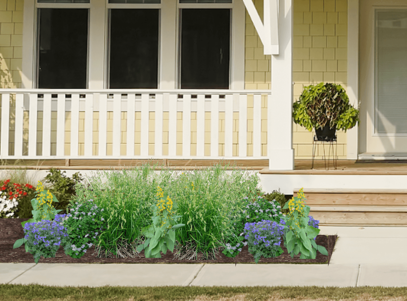 Yellow and blue native plant garden in front of a yellow house