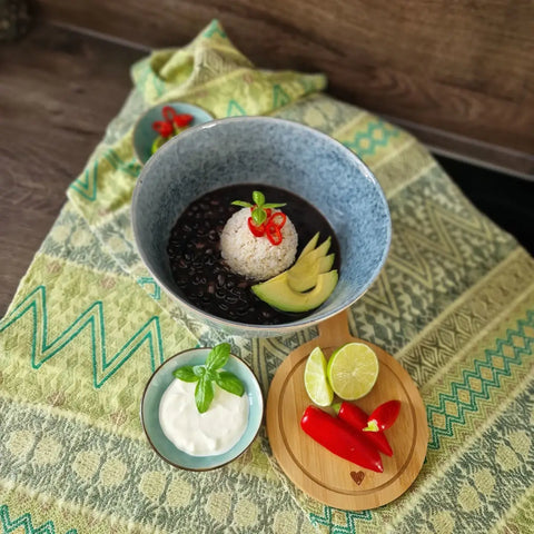 Vegan bean stew with rice and avocado