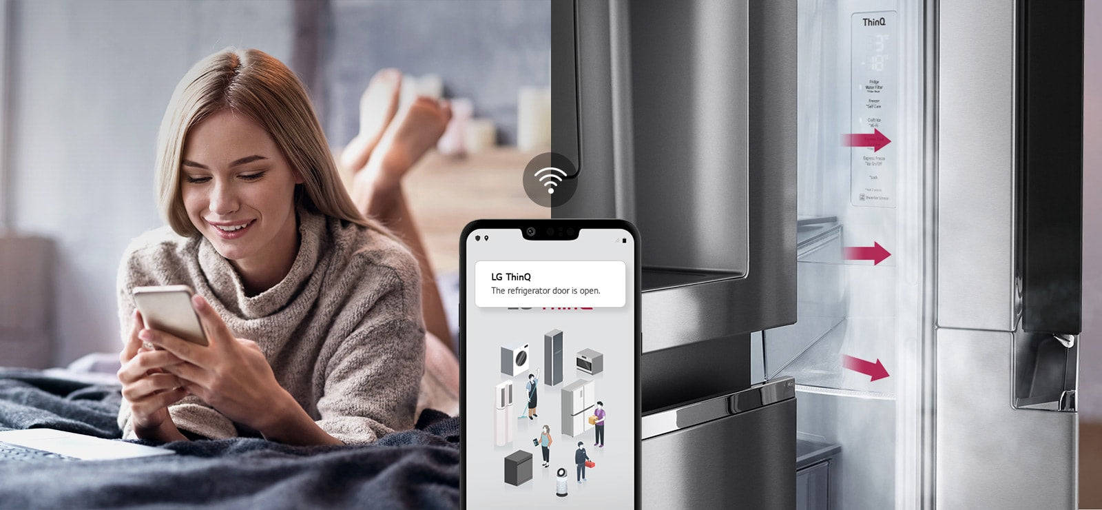 A woman rests on a bed looking at her phone screen in a picture. The second image shows that the refrigerator door has been left open. Connect and control from anywhere