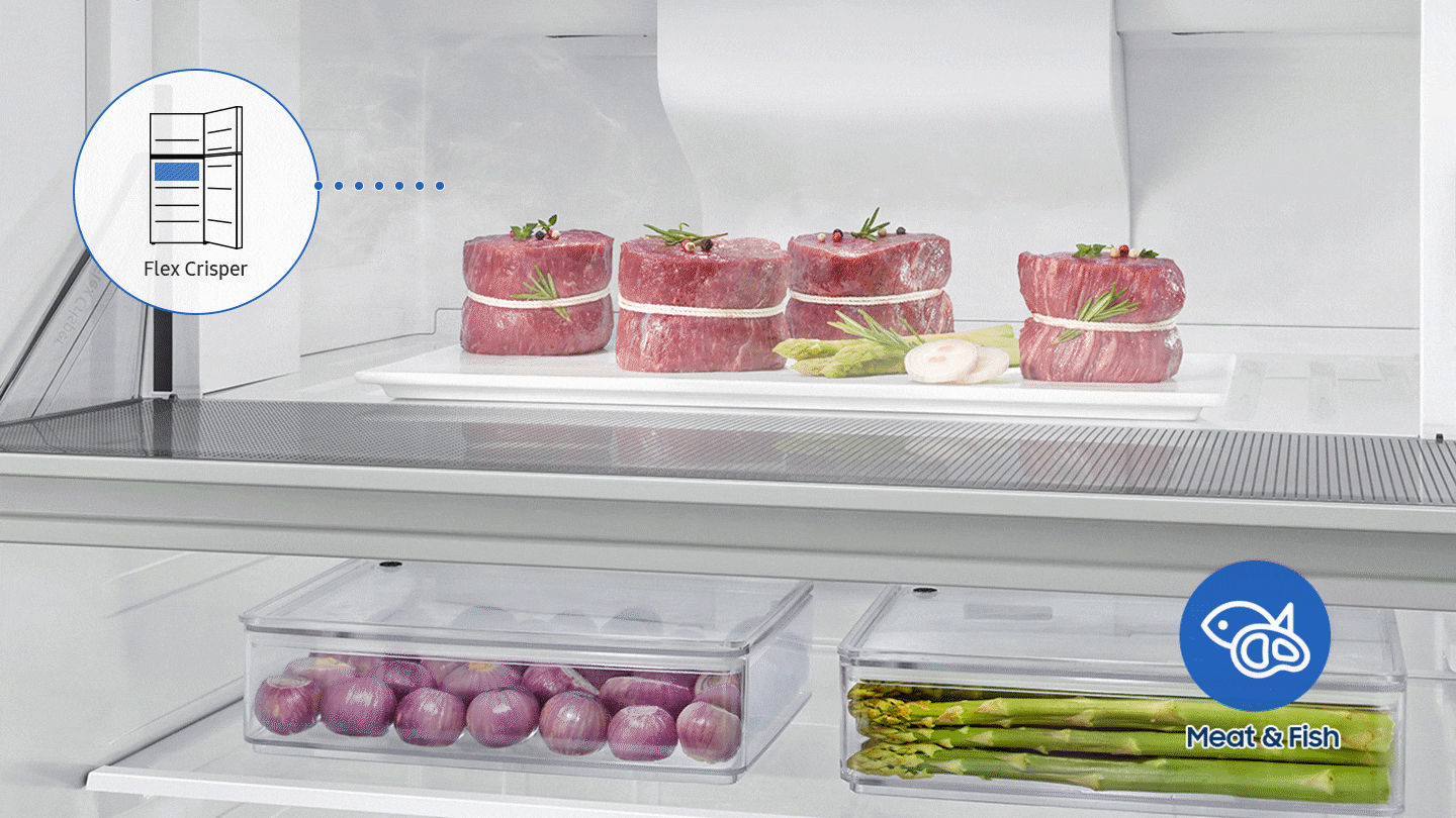 The Flex Crisper has Three temperature modes - Meat and Fish, Soft-Freeze, and Quick-Cool. The food is stored fresh in each setting.