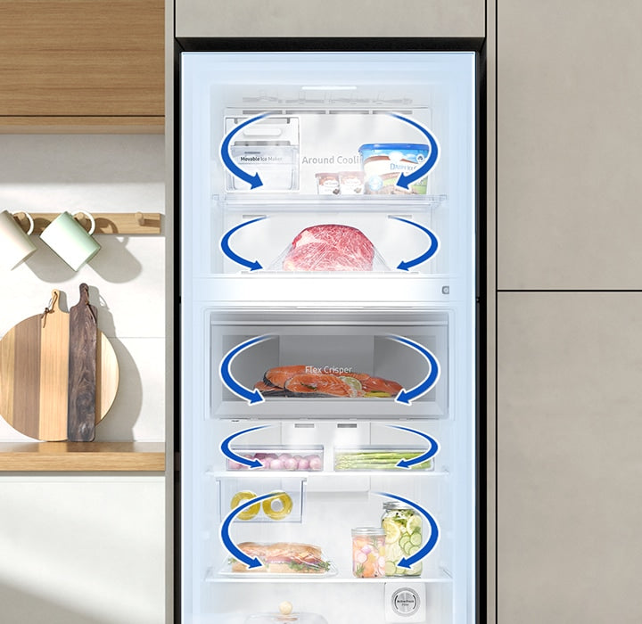 Blue arrows are shown on every inner section of the refrigerator. It indicates cold air spinning through every storage space.