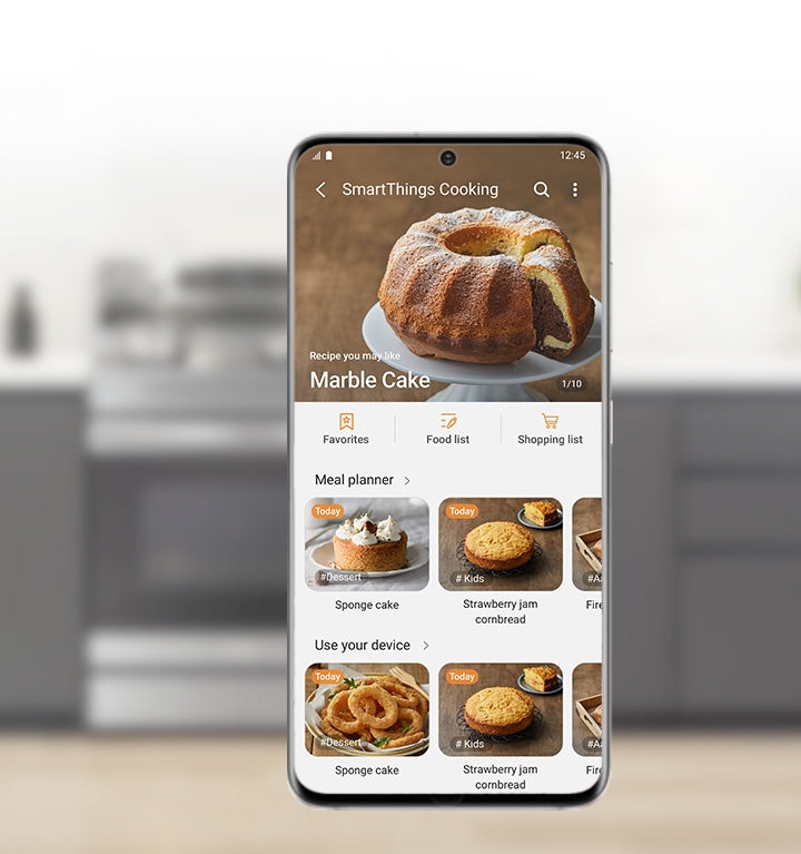 Shows a recipe on a smartphone, with options to add to Favorites or a meal plan, check available food or buy ingredients.