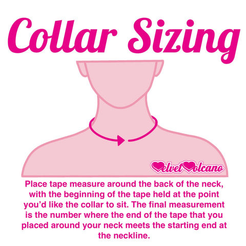 Collar Sizing Graphic by VelvetVolcano, that shows an illustration of a person's neck and shoulders. There is text that says "Place tape measure around the back of the neck, with the beginning of the tape held at the point you'd like the collar to sit. The final measurement is the number where the end of the tape that you placed around your neck meets the starting end at the neckline. 