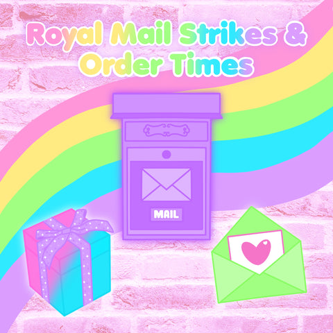 An illustration of a lilac post box, a turquoise and pink gradient present with a lilac sparkly ribbon and bow and a pastel green open envelope with a white piece of paper that has a pink heart on it. The background is a pastel pink brick wall with a wavy diagonal pastel rainbow over the top of it. There is pastel rainbow gradient text at the top of the image that reads Royal Mail Strikes & Order Times