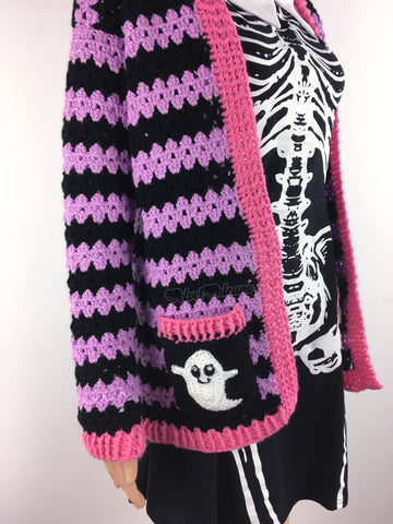 Pastel Goth Lilac, Black & Bubblegum Pink Crochet Cardigan with Ghost Pockets by VelvetVolcano