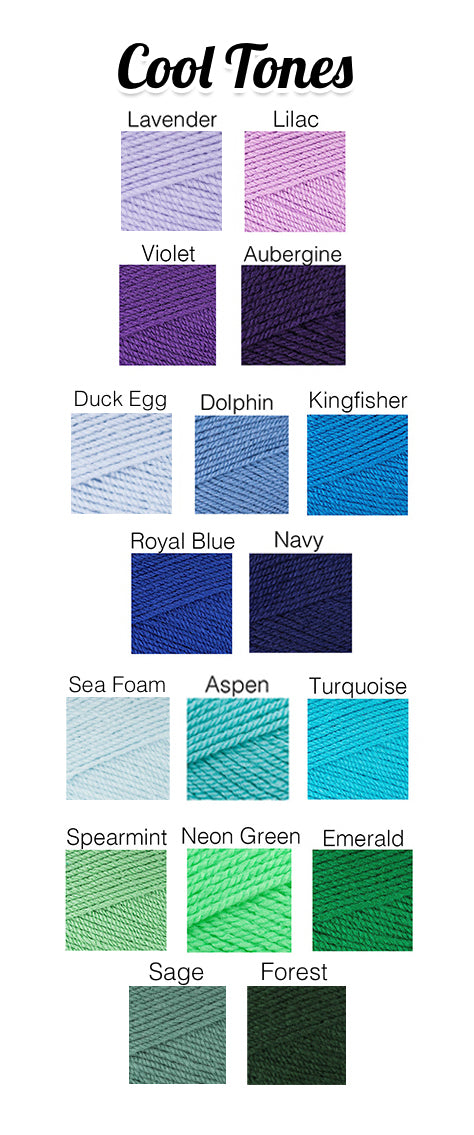 VelvetVolcano Yarn Colour Chart - Cool Tones, showing purples, blues, turquoises and greens
