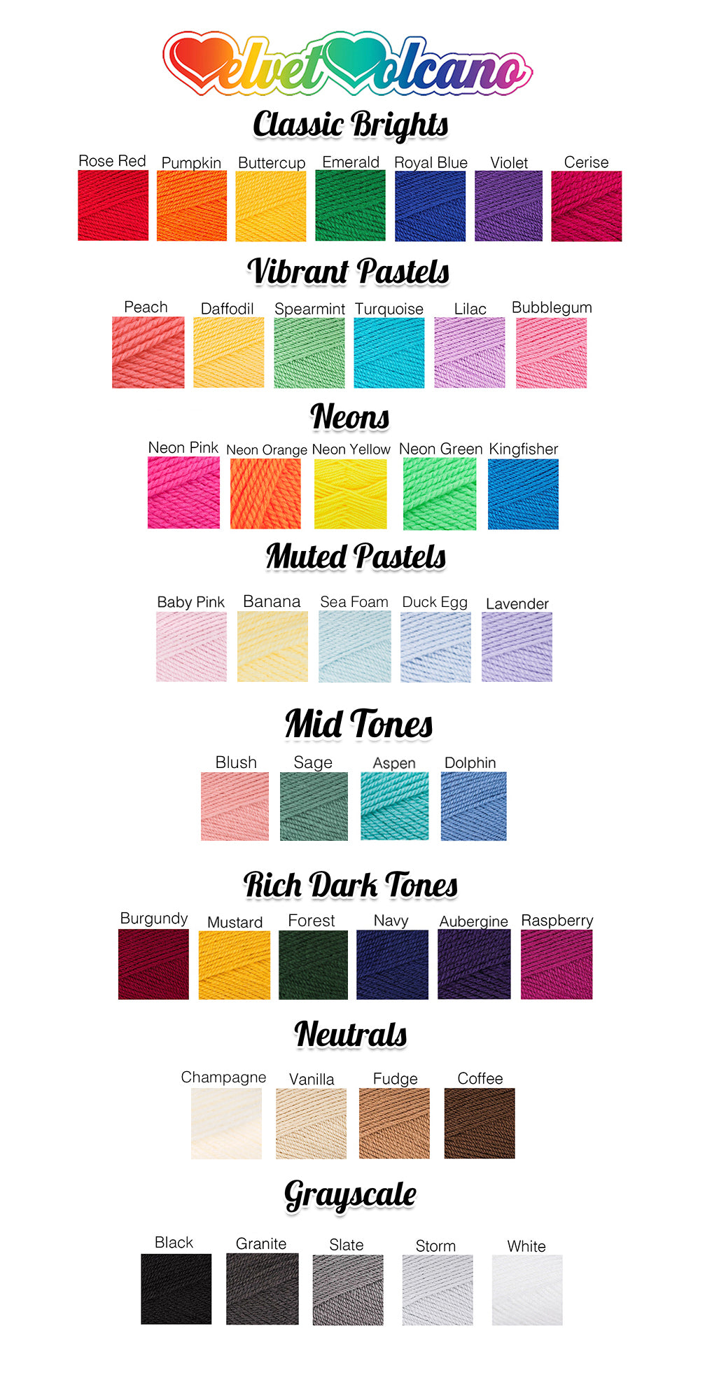 VelvetVolcano Acrylic Yarn Colour Chart, showcasing 42 different colours 