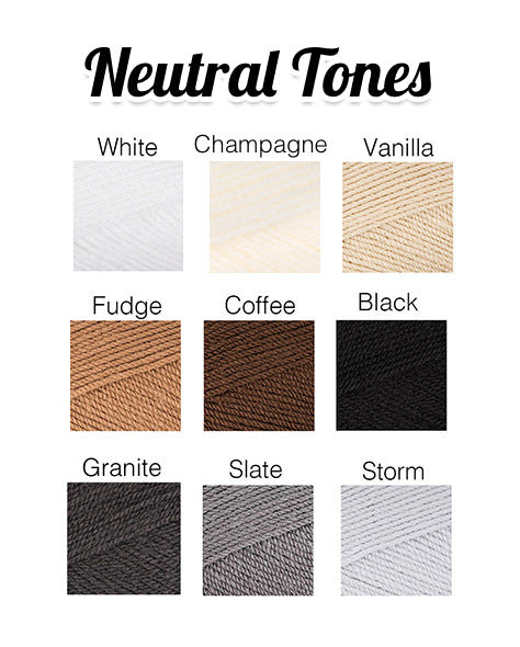 VelvetVolcano Neutral Tones Acrylic Yarn Colour Chart, showing Whites, Creams, Browns, Blacks and Greys