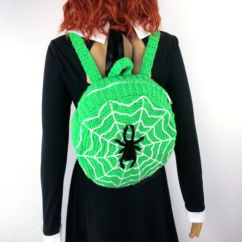 Neon Green Crochet Spider Web Circular Backpack by VelvetVolcano