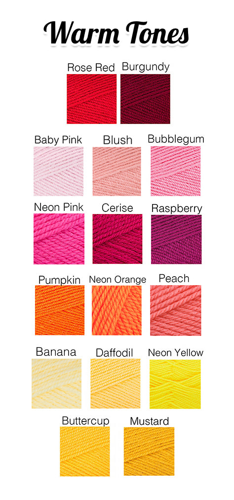 VelvetVolcano Warm Tones Acrylic Yarn Colour Chart, showing Reds, Pinks, Oranges and Yellows