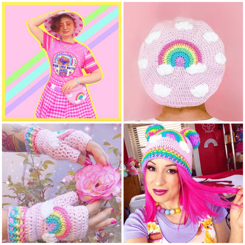 Collage image featuring customers wearing various VelvetVolcano Pastel Rainbow Cloud items