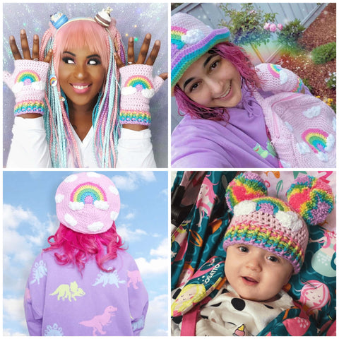 Collage image of VelvetVolcano customers wearing Pastel Rainbow Cloud designs