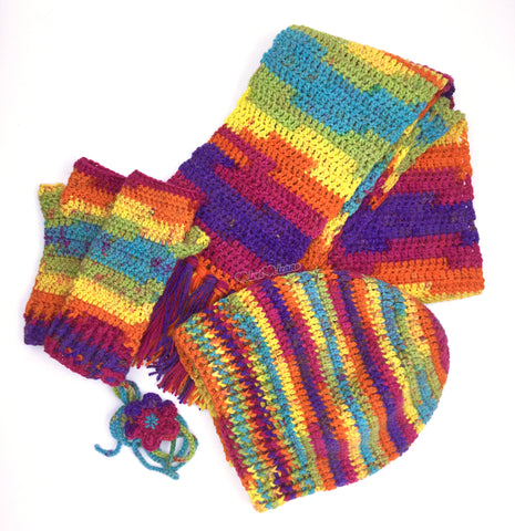 Rainbow Gradient Crochet Hat, Scarf and Gloves Set by VelvetVolcano