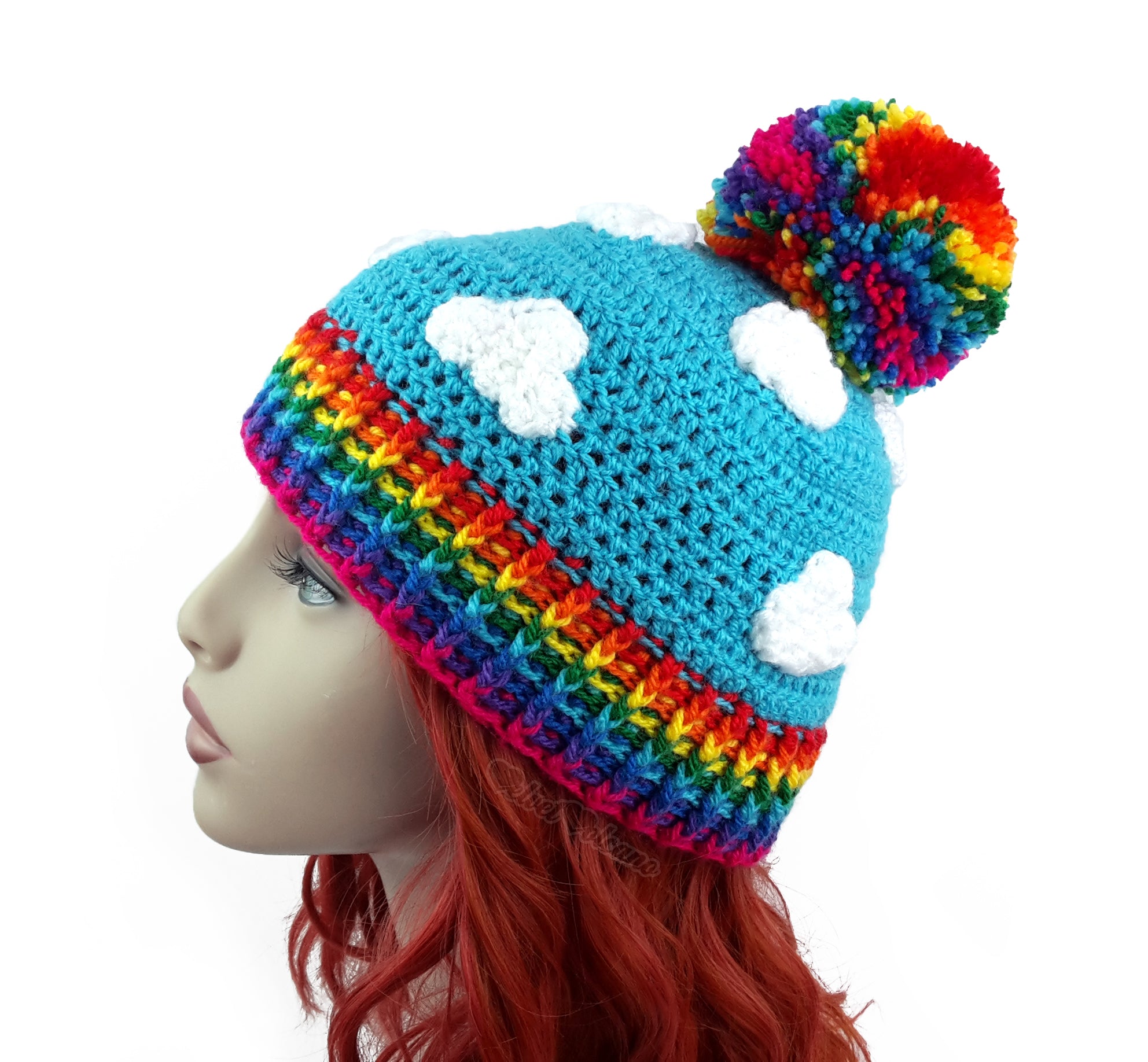 rainbow pom pom beanie