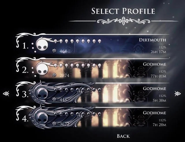 The Steel Soul Mode save file icon in Hollow Knight, signifying the permadeath challenge