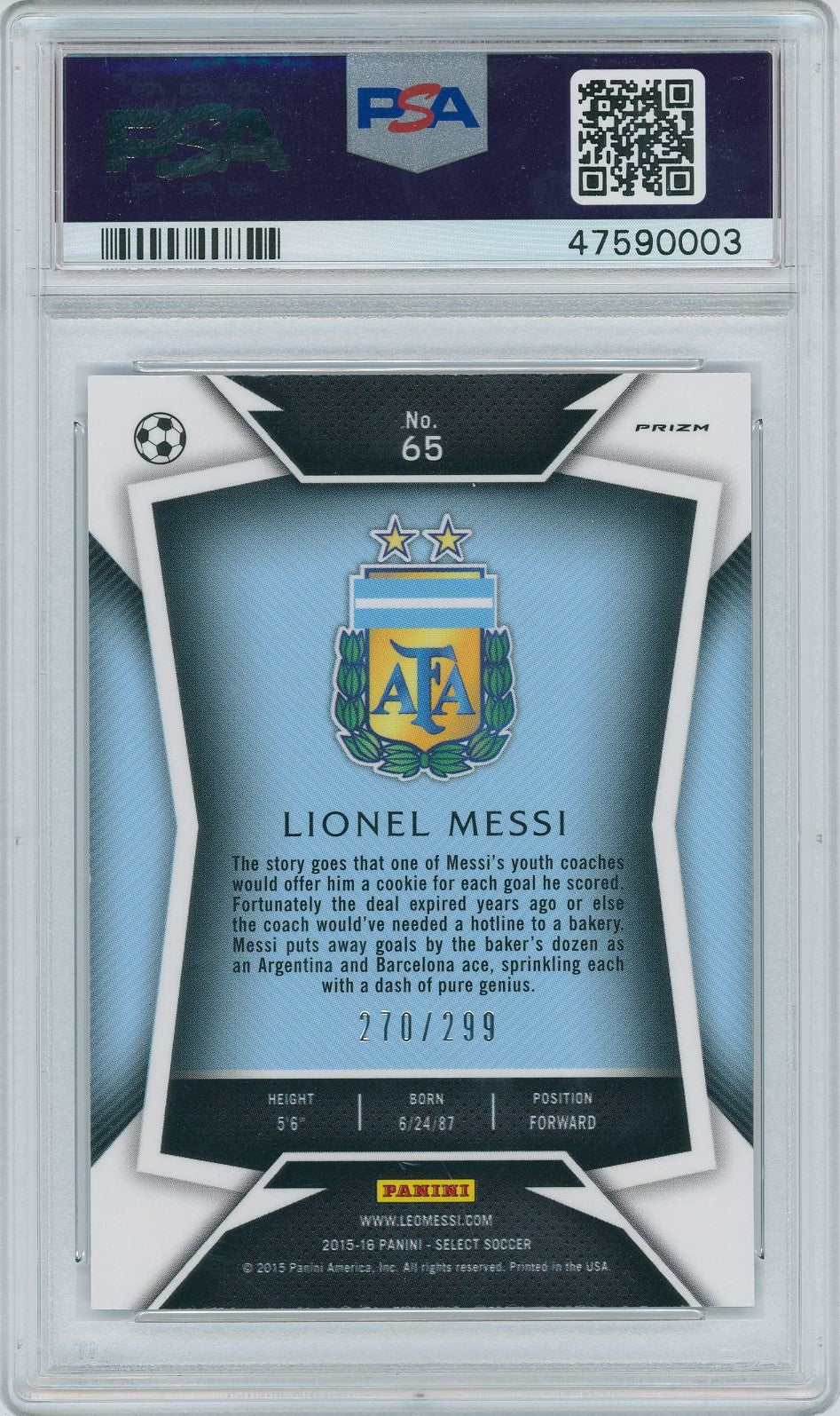 2015/16 Panini Soccer Select # 65 Lionel Messi Dark Blue Jersey PSA 10